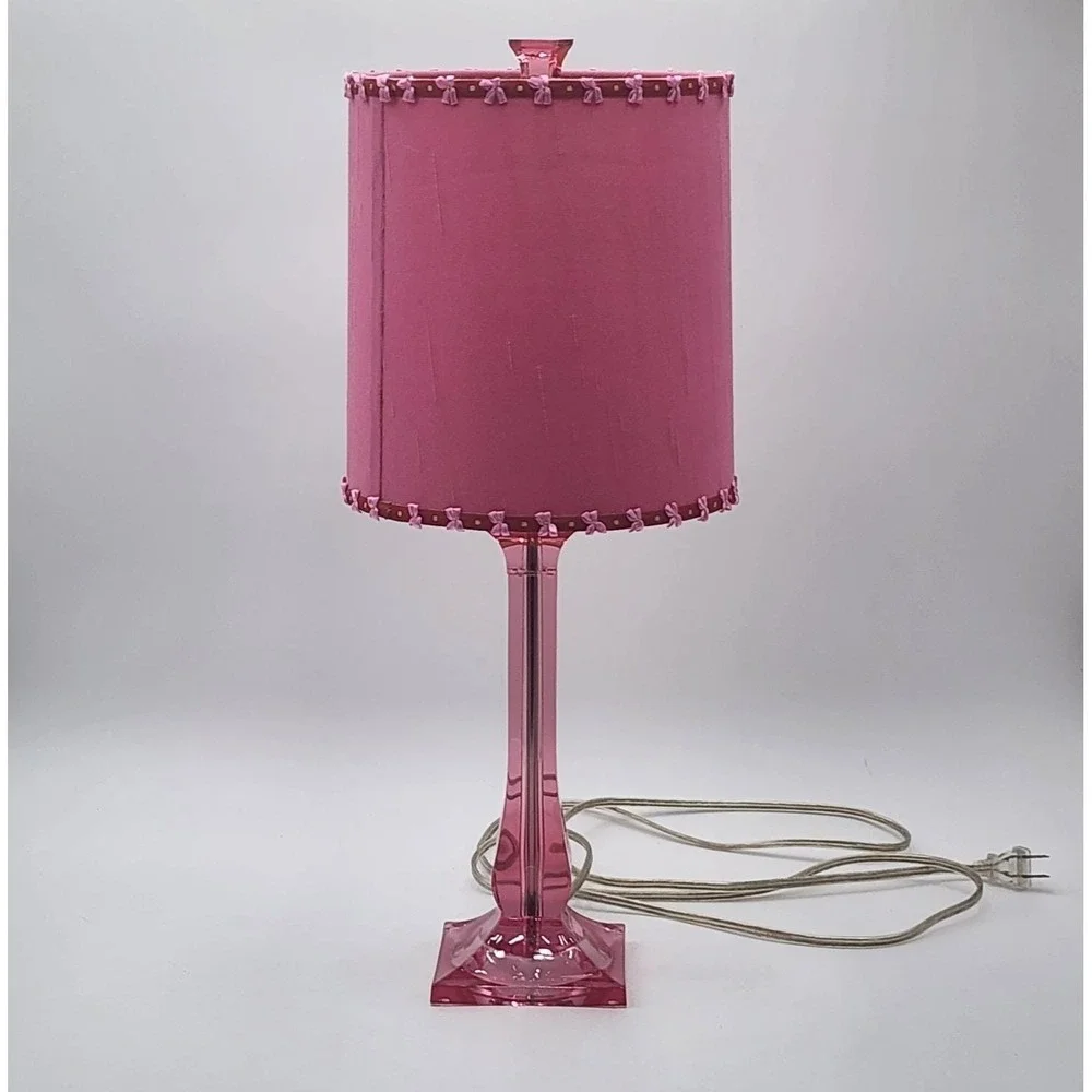 Vintage J Alexander Jewel Pink Clear Acrylic Table Lamp Bow Gold Bead Shade Rare